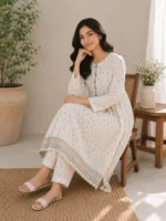 White floral 2 piece frock suit with stitched lawn shirt and trouser for women