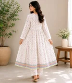 White floral 2 piece frock suit with stitched lawn shirt and trouser for women