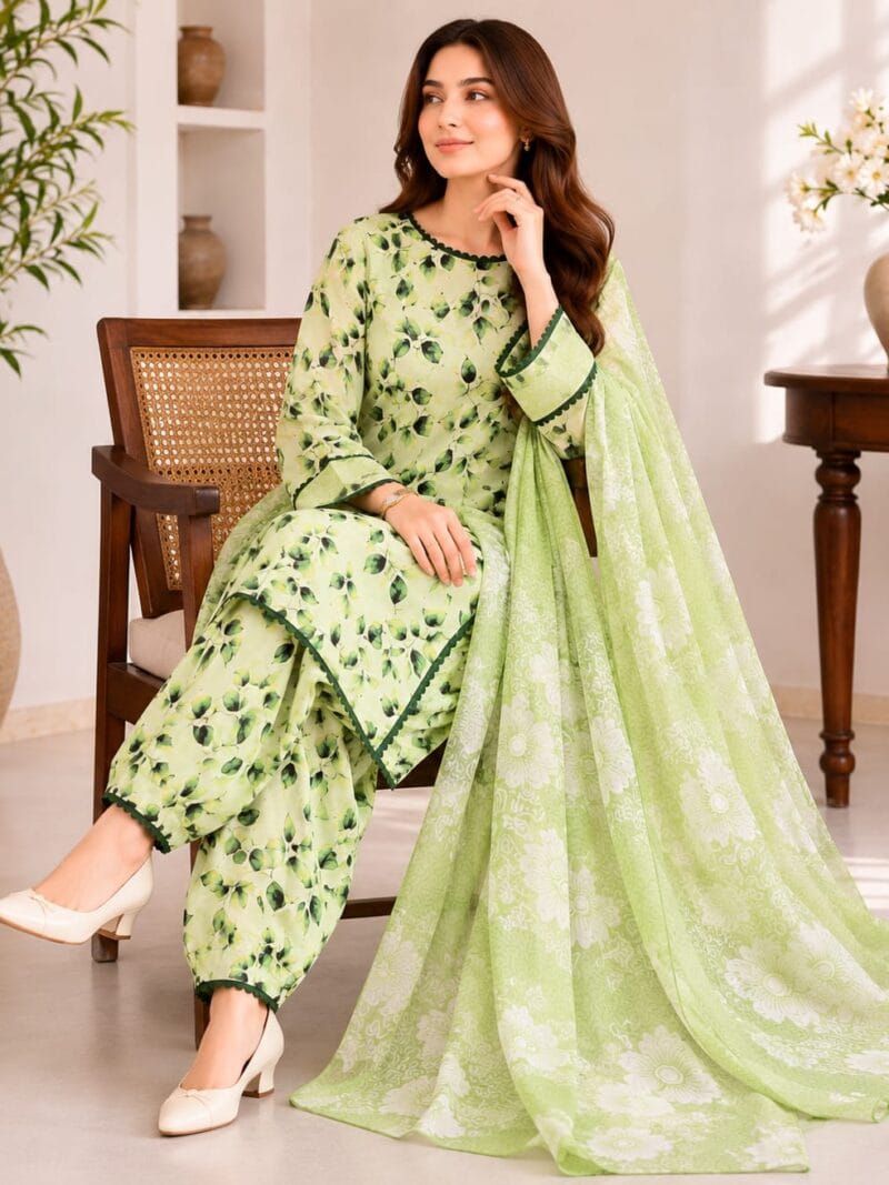 Lime green lawn suit with dupatta for women