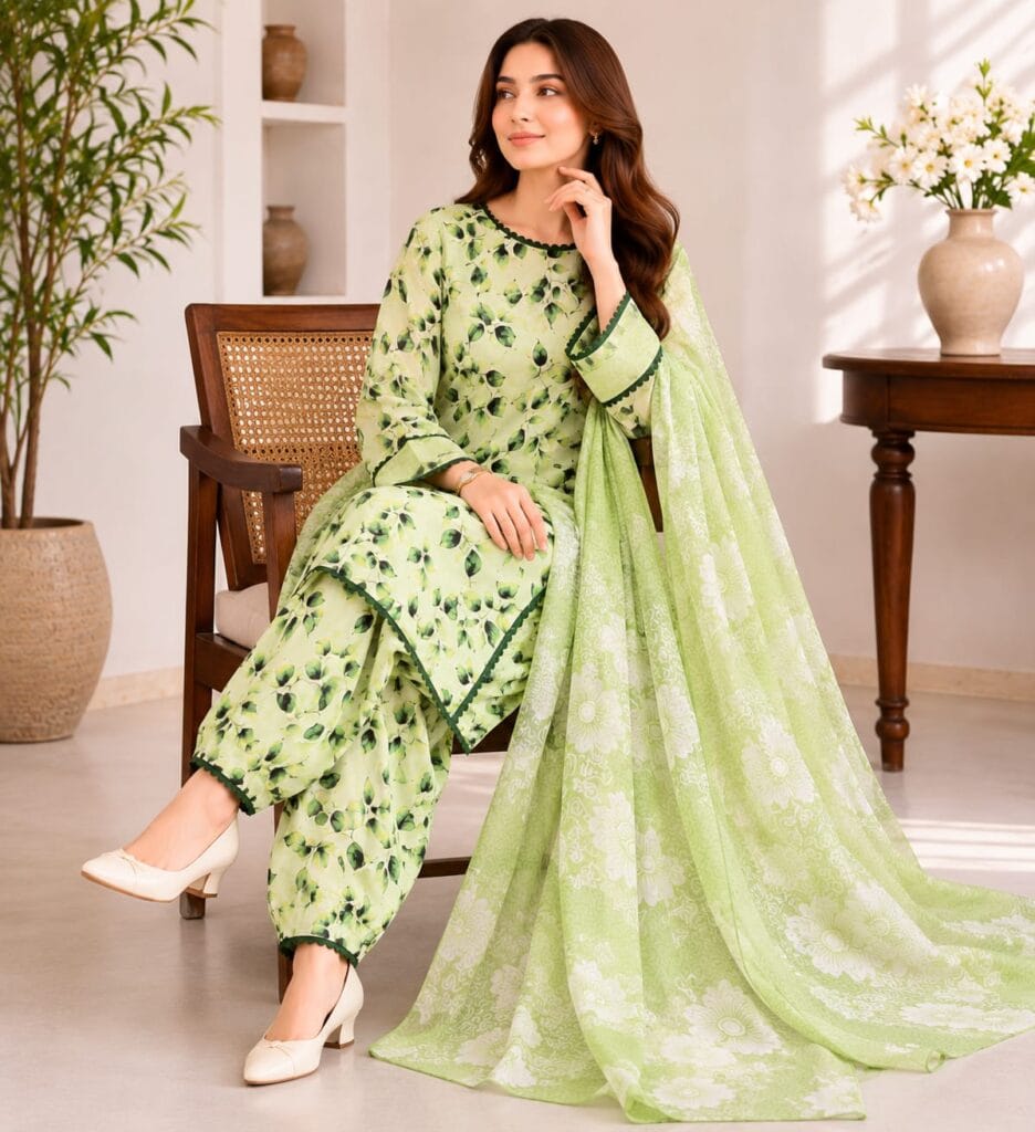 Lime green lawn suit with dupatta for women