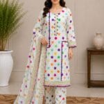 White colorful dot lawn suit with dupatta for women