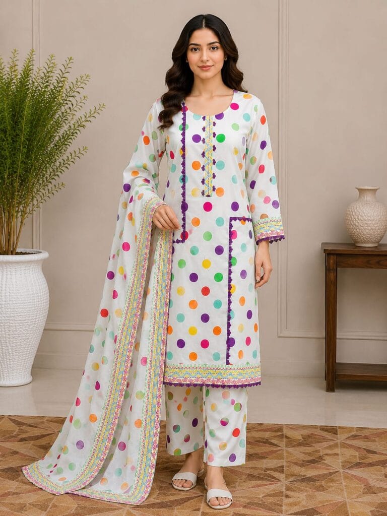 White colorful dot lawn suit with dupatta for women