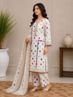 White colorful dot lawn suit with dupatta for women