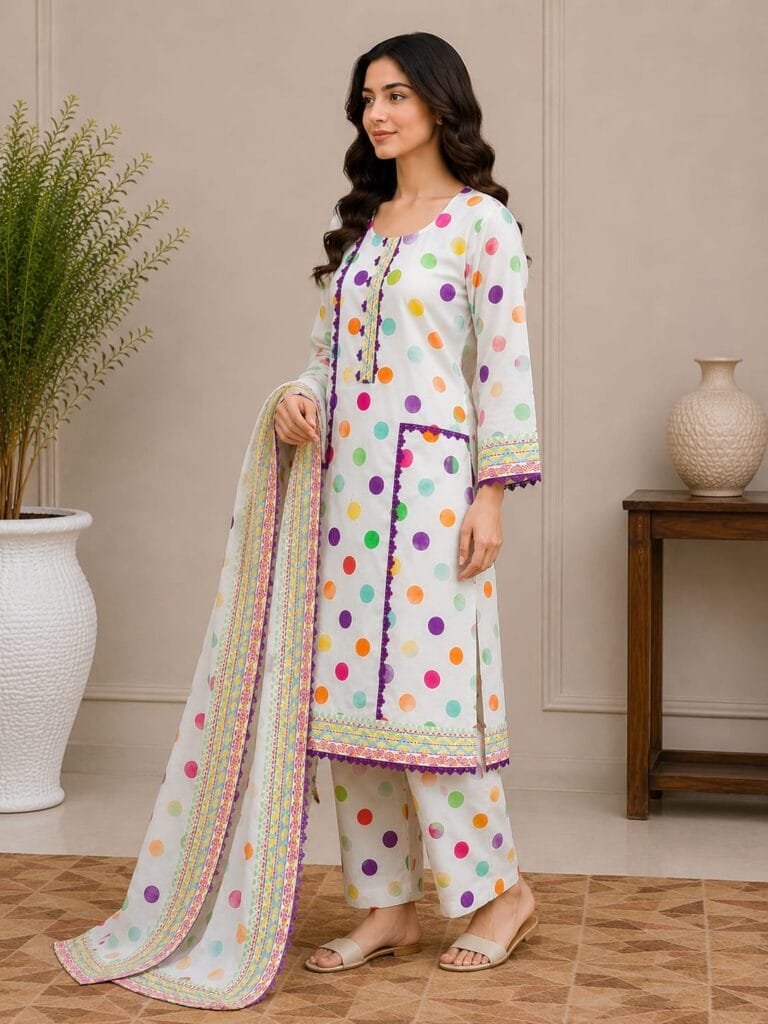White colorful dot lawn suit with dupatta for women