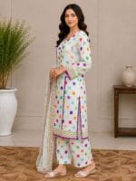 White colorful dot lawn suit with dupatta for women