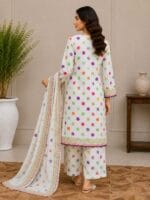 White colorful dot lawn suit with dupatta for women