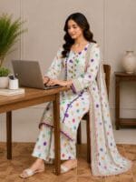 White colorful dot lawn suit with dupatta for women