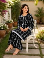 2 Piece Stitched Lawn Suit-Black White Floral Kameez for women