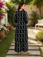 2 Piece Stitched Lawn Suit-Black White Floral Kameez for women