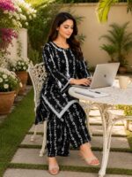 2 Piece Stitched Lawn Suit-Black White Floral Kameez for women