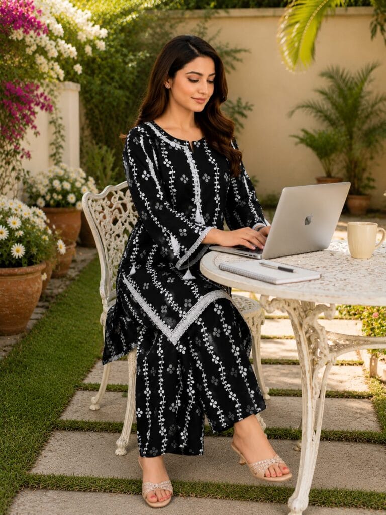 2 Piece Stitched Lawn Suit-Black White Floral Kameez for women