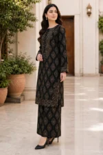 Black 2 Piece Stitched Lawn Suit for Women with golden print