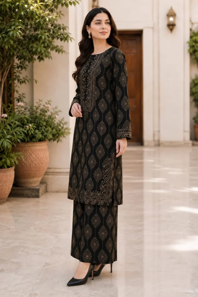 Black 2 Piece Stitched Lawn Suit for Women with golden print
