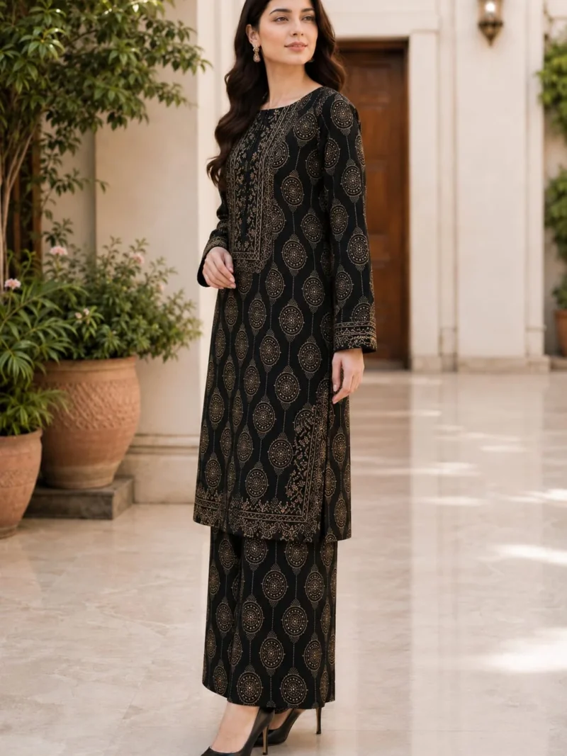 Homepage 20 Black 2 Piece Stitched Lawn Suit for Women with golden print