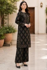 Black 2 Piece Stitched Lawn Suit for Women with golden print