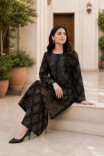 Black 2 Piece Stitched Lawn Suit for Women with golden print
