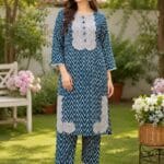 Teal blue 2 piece stitched lawn suit with patch style detailing for women