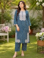 Teal blue 2 piece stitched lawn suit with patch style detailing for women