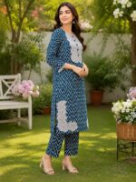Teal blue 2 piece stitched lawn suit with patch style detailing for women