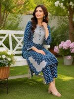 Teal blue 2 piece stitched lawn suit with patch style detailing for women