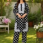 Black polka dot 2 piece stitched lawn suit with patch style detailing for women