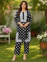 Black polka dot 2 piece stitched lawn suit with patch style detailing for women
