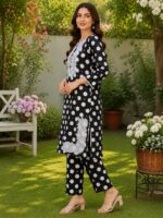 Black polka dot 2 piece stitched lawn suit with patch style detailing for women