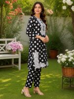 Black polka dot 2 piece stitched lawn suit with patch style detailing for women
