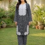 Black white 2 piece stitched lawn suit with zigzag print and patch detailing for women