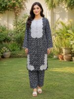 Black white 2 piece stitched lawn suit with zigzag print and patch detailing for women