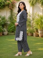 Black white 2 piece stitched lawn suit with zigzag print and patch detailing for women