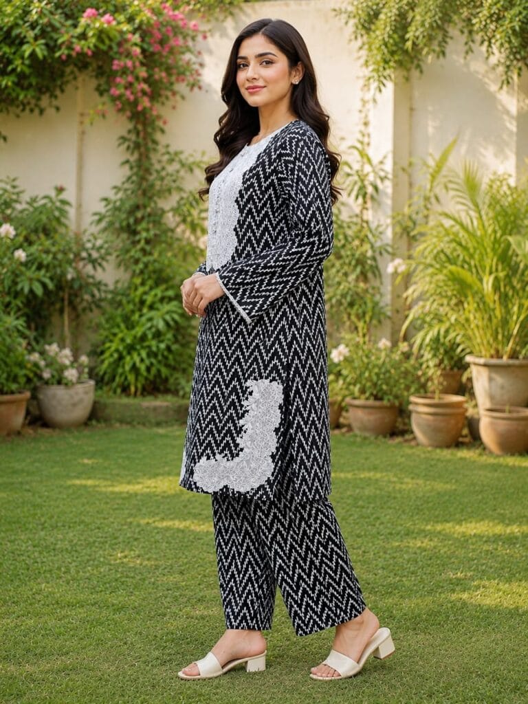 Black white 2 piece stitched lawn suit with zigzag print and patch detailing for women