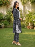 Black white 2 piece stitched lawn suit with zigzag print and patch detailing for women