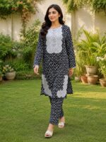 Black white 2 piece stitched lawn suit with zigzag print and patch detailing for women