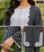 Black white 2 piece stitched lawn suit with zigzag print and patch detailing for women