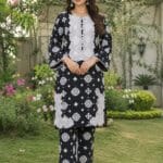 Black motif 2 piece stitched lawn suit with patch style detailing for women
