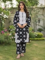 Black motif 2 piece stitched lawn suit with patch style detailing for women