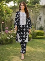 Black motif 2 piece stitched lawn suit with patch style detailing for women