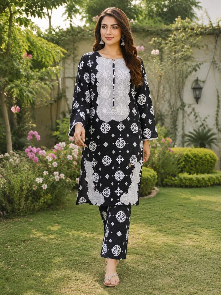 Black motif 2 piece stitched lawn suit with patch style detailing for women