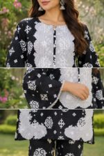 Black motif 2 piece stitched lawn suit with patch style detailing for women