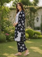 Black motif 2 piece stitched lawn suit with patch style detailing for women