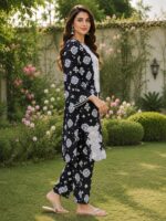 Black motif 2 piece stitched lawn suit with patch style detailing for women