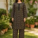 Black gold 2 piece stitched lawn suit with floral print for women