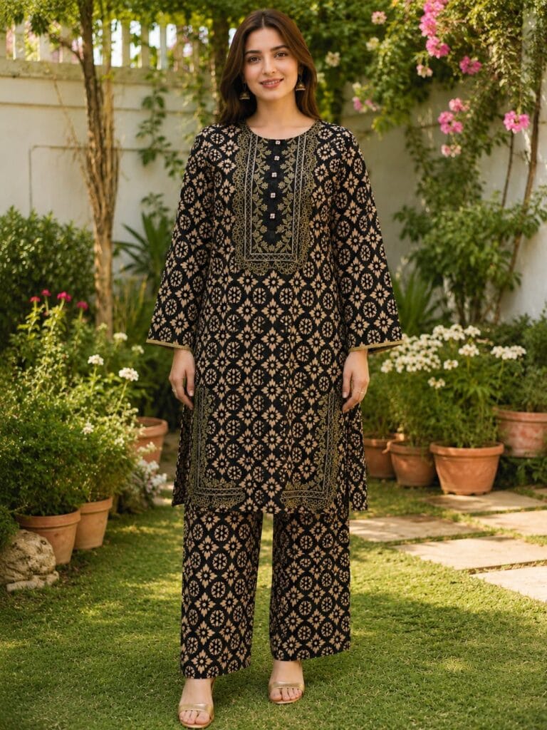 Black gold 2 piece stitched lawn suit with floral print for women