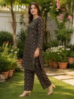 Black gold 2 piece stitched lawn suit with floral print for women