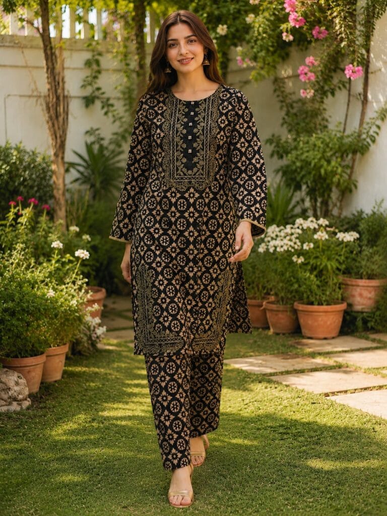 Black gold 2 piece stitched lawn suit with floral print for women