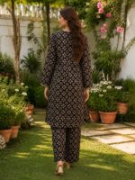 Black gold 2 piece stitched lawn suit with floral print for women