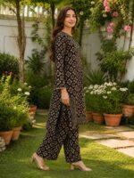 Black gold 2 piece stitched lawn suit with floral print for women