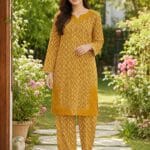 Mustard 2 piece stitched lawn suit with white zigzag print for women