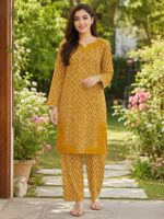 Mustard 2 piece stitched lawn suit with white zigzag print for women